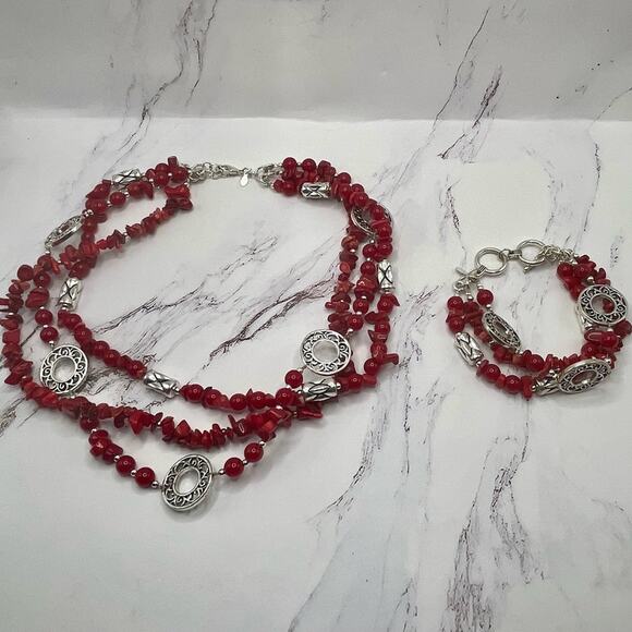 Vintage Premier Designs red coral and silver tone bracelet and necklace set - Picture 11 of 11